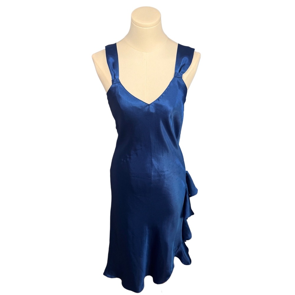 Vintage Victoria's Secret Royal Blue Satin Ruffle Slip Dress Sz S Chemise Flirty